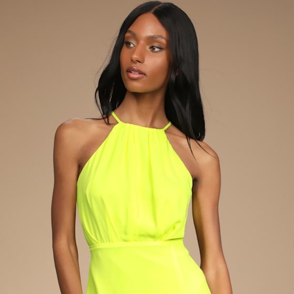 Lulus Attention Lover Neon Green Sleeveless Halter Mini Dress - Size M - Picture 1 of 5